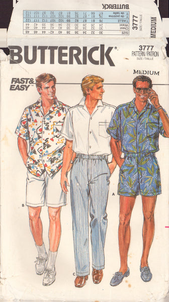 Butterick 3777 Sewing Pattern, Men's Shirt, Shorts and Pants, Size Medium, Partially Cut, Complete