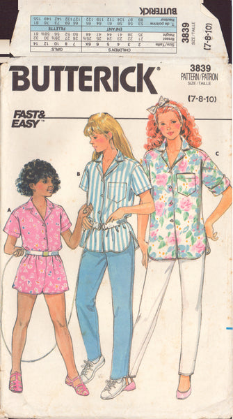 Butterick 3839 Sewing Pattern, Girls' Shirt, Shorts and Pants, Size 8-10, Cut, Complete