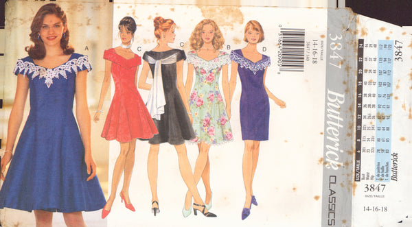 Butterick 3847 Sewing Pattern, Misses'/Misses' Petite Dress, Size 14-16-18, Cut, Complete