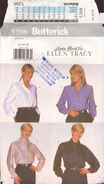 Butterick 5208 Sewing Pattern, Misses' Shirt, Size 14, Partially Cut, Complete
