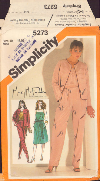 Simplicity 5273 Sewing Pattern, Dress, Camisoles, Tapered Pants, Jacket and Belt, Size 10, Cut, Complete