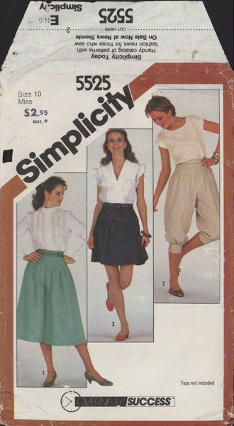 Simplicity 5525 Sewing Pattern, Yoked Knickers, Culottes and Mini-Skirt, Size 10, Cut, Complete