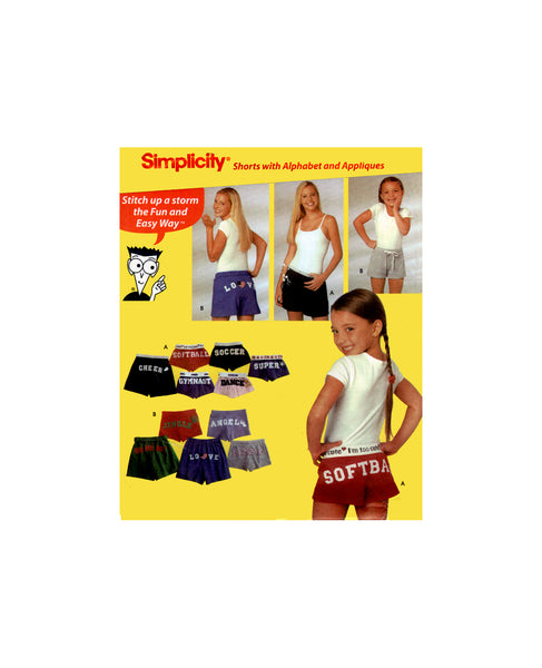 Simplicity 5729 Novelty Shorts with Alphabet and Applique, Uncut, Factory Folded, Sewing Pattern Size Child/Adult