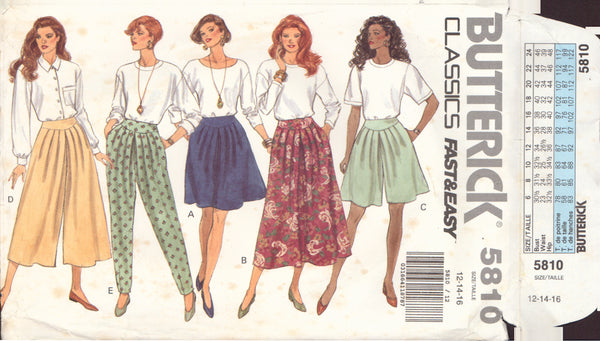Butterick 5810 Sewing Pattern, Misses' Skirt, Split Skirt and Pants, Size 12-14-16, Neatly Partially Cut, Complete
