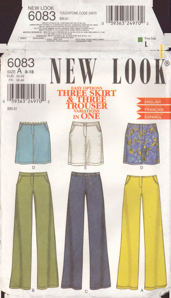 New Look 6083 Sewing Pattern, 3 Skirts and 3 Pants, Size 8-18, Partially Cut, Complete