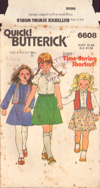 Butterick 6608 Sewing Pattern, Girls' Dress, Blouse, Skirt and Vest, Size 6, Cut, Complete