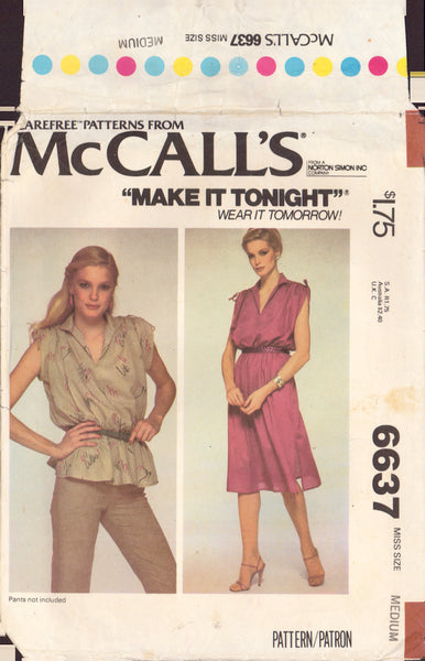 McCall's 6637 Sewing Pattern, Dress or Top, Size Medium, Cut, Complete