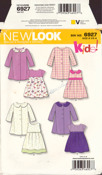 New Look 6927 Sewing Pattern, Toddlers' Dress or Tunic, Size 1/2-4, Cut, Complete