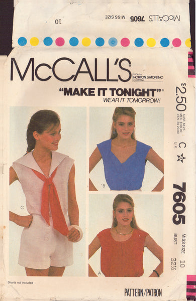 McCall's 7605 Sewing Pattern, Tops, Size 10, Partially Cut, Complete
