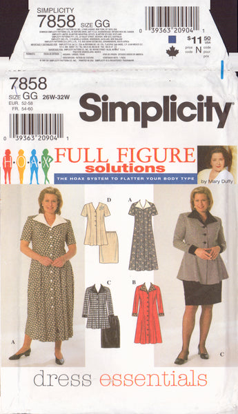 Simplicity 7858 Sewing Pattern, Dress or Top and Skirt, Size 26W-32W, Uncut, Factory Folded