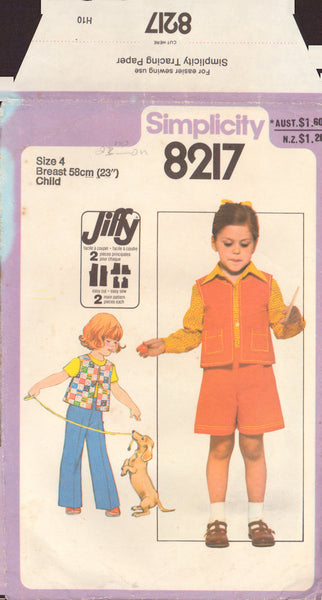 Simplicity 8217 Sewing Pattern, Child's Pants, Shorts and Vest, Size 4, Partially Cut, Complete