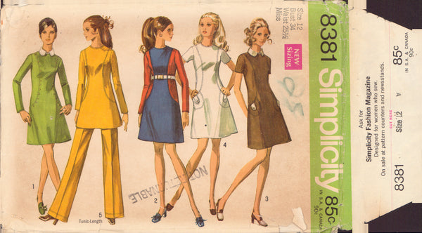 Simplicity 8381 Sewing Pattern, Dress or Tunic and Pants, Size 12, Neatly Partially Cut, Complete