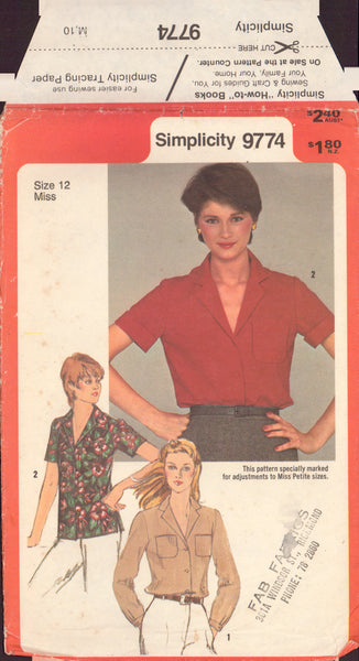 Simplicity 9774 Sewing Pattern, Misses' Shirt, Size 12, Neatly Cut, Complete