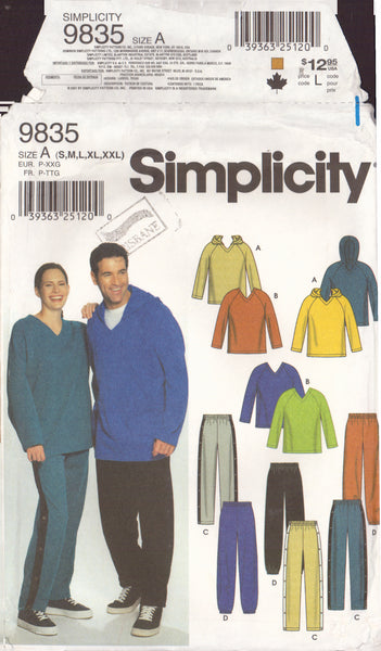 Simplicity 9835 Sewing Pattern, Women's, Men's and Teens' Tops and Pants, Size S-M-L-XL-XXL, Partially Cut, Complete
