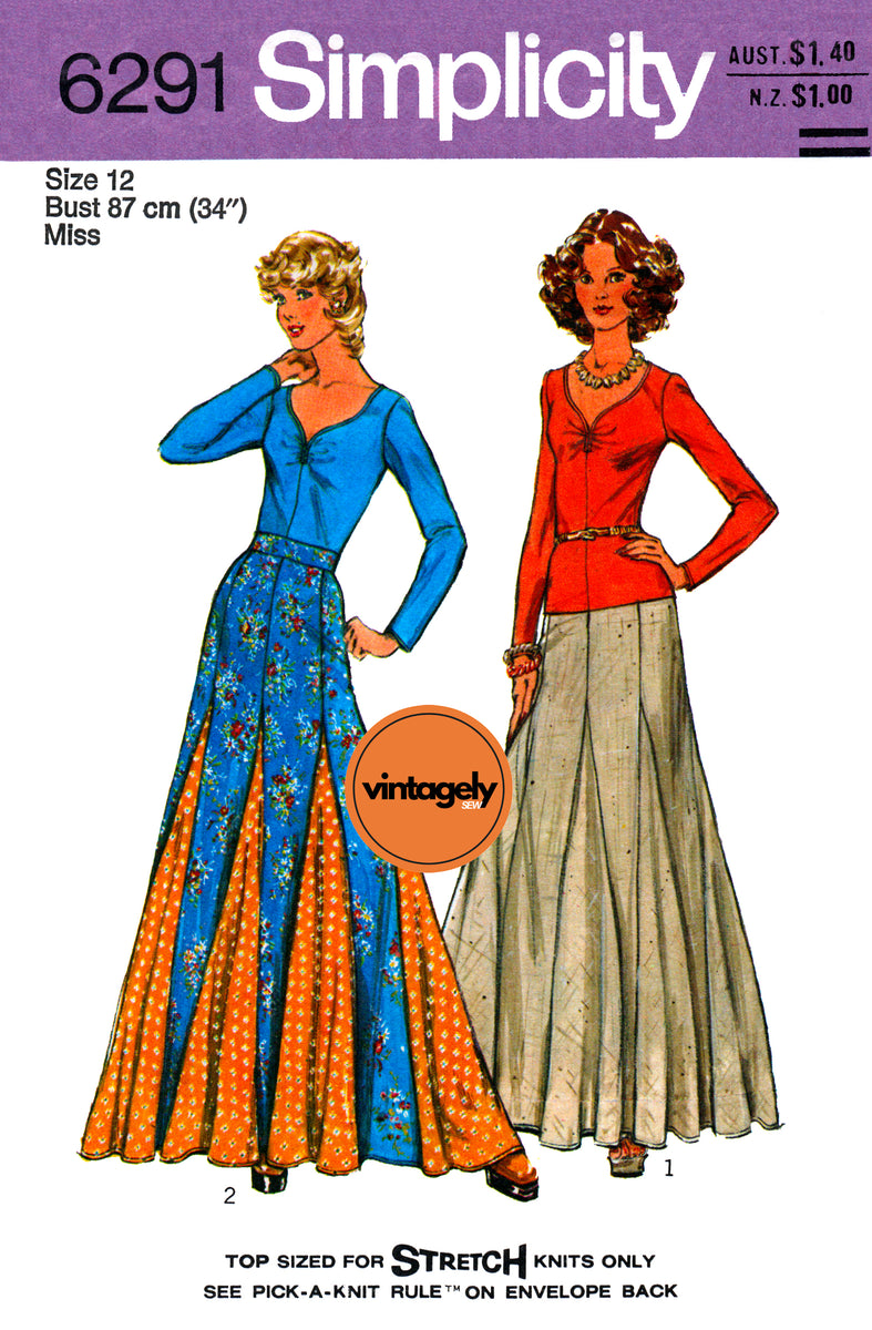 70s Godet Maxi Skirt and Sweetheart Neckline Top, Various Sizes, Simpl Patterns Central 70s Godet Maxi Skirt and Sweetheart Neckline Top, Various Sizes, Simpl Patterns Central