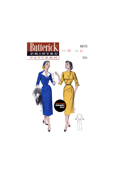 50s Slim Dress with Convertible Neckline, Bust 30 (76.5 cm), Butterick 6672, Vintage Sewing Pattern Reproduction