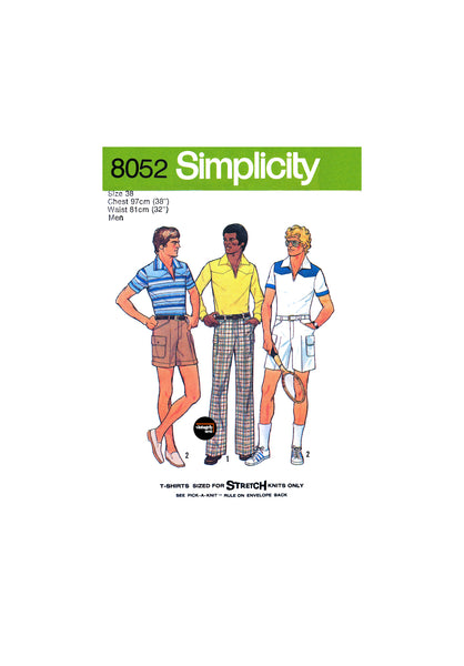 70s Men's Sports or Casual Pants, Shorts & T-Shirt, Chest 38 (97 cm), Waist 32 (81 cm), Simplicity 8052 Vintage Sewing Pattern Reproduction