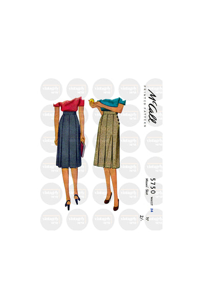 40s War Era Box Pleated Skirt with Side Opening, Waist 24" (61 cm), McCall 5750, Vintage Sewing Pattern Reproduction