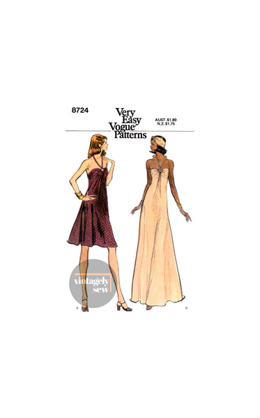 70s Flared, Halter Neck Evening Dress in Two Lengths, Various Sizes, Vogue 8724, Vintage Sewing Pattern Reproduction