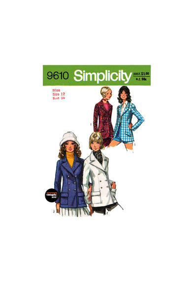 70s Lined Single or Double Breasted Blazer, Bust 34 (87 cm), Simplicity 9610, Vintage Sewing Pattern Reproduction