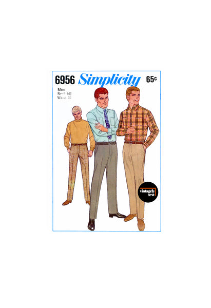 70s Men's Shirt and Hipster Slacks, Chest 36 (92 cm), Waist 32 (81 cm), Simplicity 6956 Vintage Sewing Pattern Reproduction