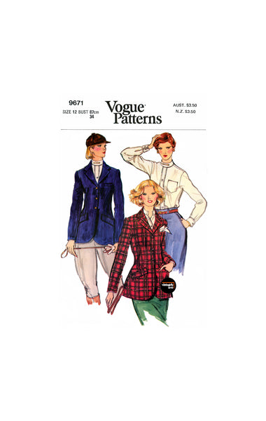 70s Fitted, Lined Horse-Riding Jacket and Shirt, Bust 34 (87 cm), Vogue 9671, Vintage Sewing Pattern Reproduction
