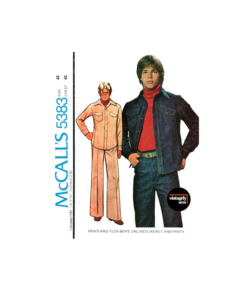 70s Men's Shirt Style Jacket and Flared Pants, Chest 42 (107 cm) Waist 36 (92 cm), McCall's 5383 Vintage Sewing Pattern Reproduction