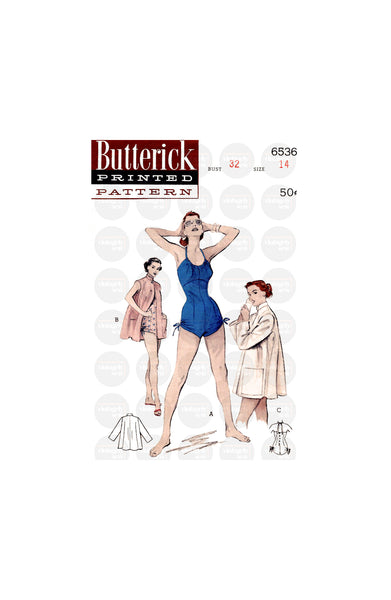 50s Shirred One Piece Swimsuit and Beach Coat, Bust 32 (81.5 cm), Butterick 6536, Vintage Sewing Pattern Reproduction