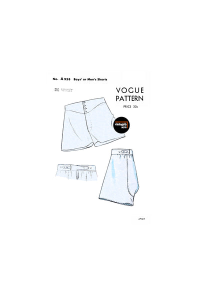 40s Wartime Era Men's Regulation Shorts with Adjustable Waistband, Waist 36" (92 cm), Vogue 958 Vintage Sewing Pattern Reproduction,