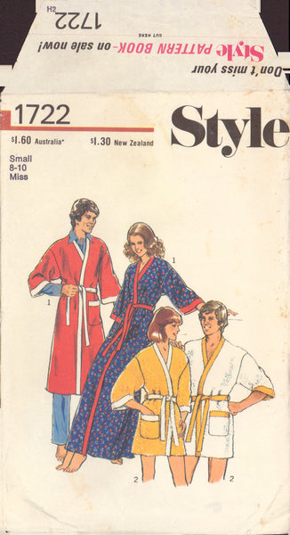 Style 1722 Sewing Pattern, Women's and Men's Robe, Size Small, Cut, Complete