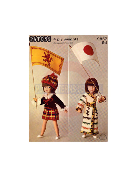 Patons 9857 60s Knitted Japanese and Scottish Dolls Clothes Patterns for 9 inch/23 cm dolls, Instant Download PDF 4 pages