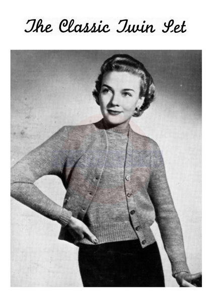 Early 1950s Knitting Pattern For Classic Twin Set Bust Size 34-40 Instant Download PDF