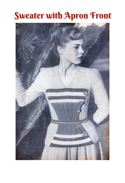 Vintage 1940s Sweater with Apron Front Knitted Sweater Bust Size 33-35, instant download PDF 3 pages