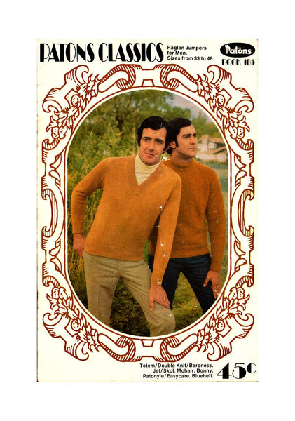 60s Patons Book 105 Men's Knitted Raglan Jumpers with Neckline and Wool Type Variations, Soft Cover Book, 6 patterns, 19 pages