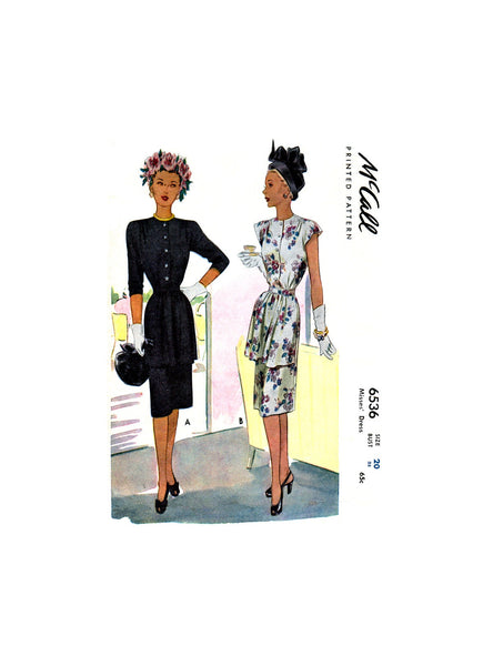 40s Peplum Style Tunic Front Dress with Cap or Three Quarter Sleeves, Bust 38" Waist 32", McCall's 6536, Vintage Sewing Pattern Reproduction