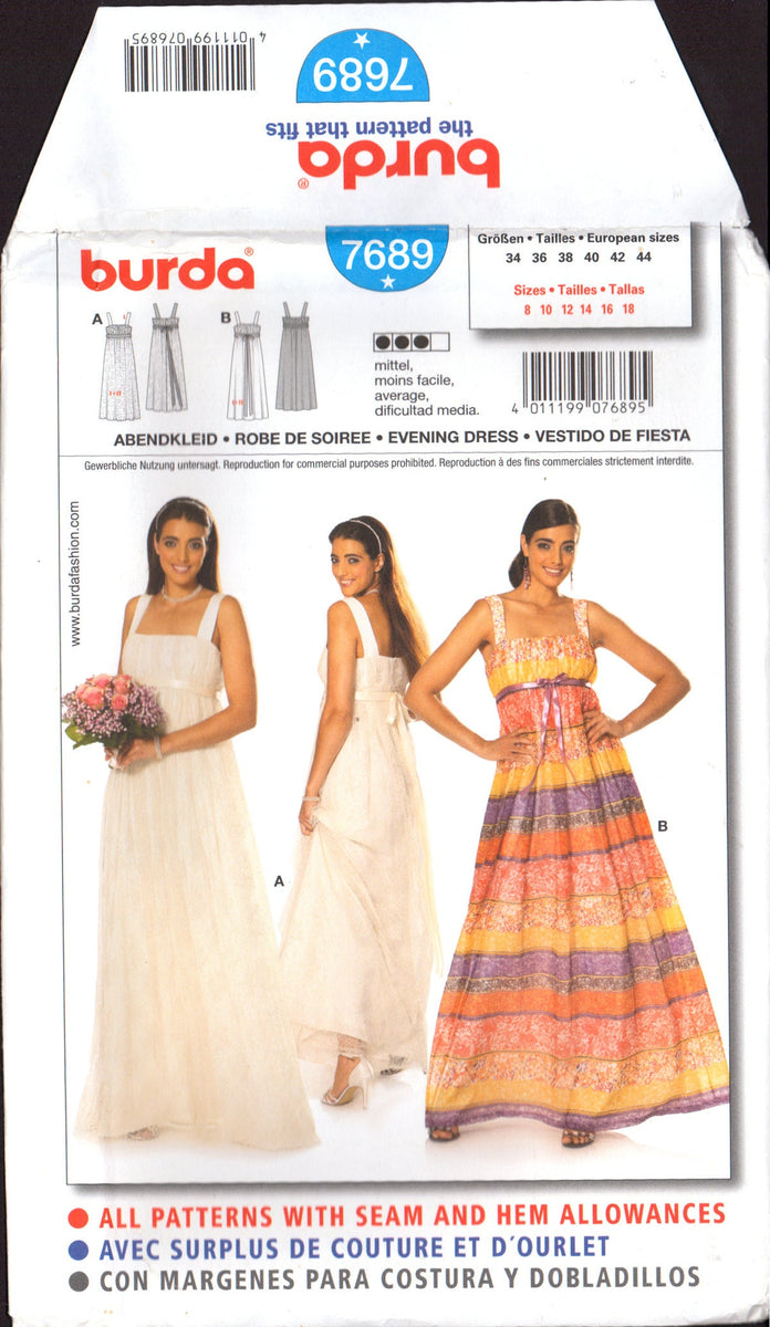 sachin and babi light blue dress Burda 7689 Long Evening Dress, Wedding Gown with Empire Bodice, Uncut, –  Patterns Central