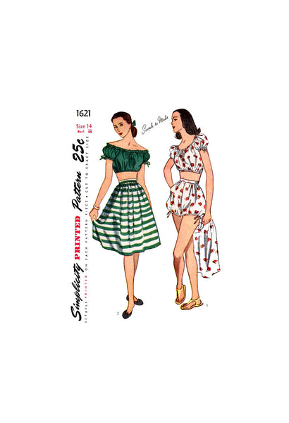 40s Wartime Era Women's Play Shorts, Midriff Top and Skirt, Bust 30 or 32" Simplicity 1621 Vintage Sewing Pattern Reproduction