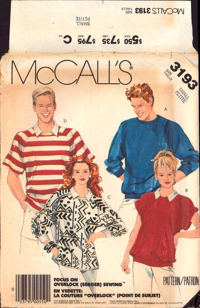 McCall's 3193 Sewing Pattern Men's and Teens' Top Size Small Uncut Factory Folded