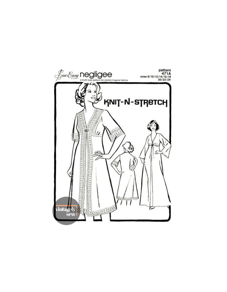 70s Sleepwear: Negligee in Two Lengths with Long or Short Sleeves, Multi-Size 8-24, Knit-n-Stretch 471A, Vintage Sewing Pattern Reproduction