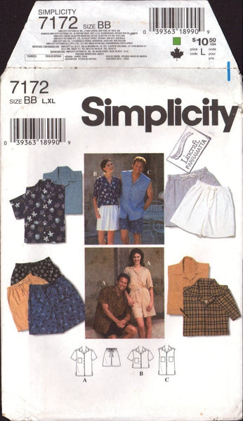 Simplicity 7172 Unisex Shirt Shorts, Uncut, Factory Folded, Sewing Pattern, Size L, XL