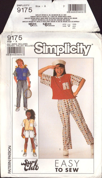 Simplicity 9175 Girls' Pants, Shorts and Top, Sewing Pattern Size 7-14, Uncut, Factory Folded