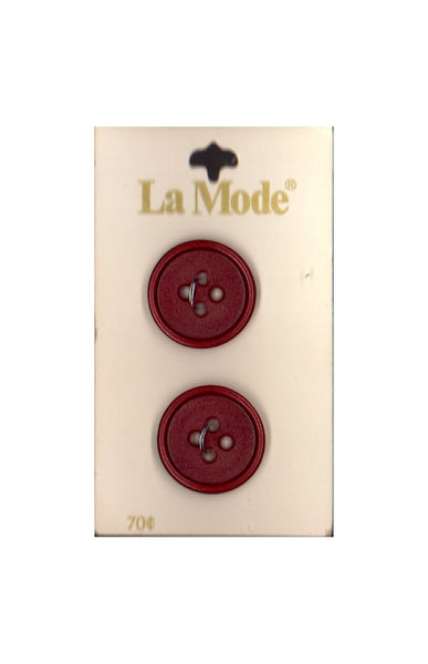 Vintage La Mode 22 mm (approx. 7/8 inch) Carded Raised Burgundy 4-Hole Buttons Two Pieces