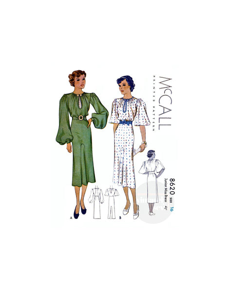 30s Bishop or Angel Sleeve Dress with Shaped Front Skirt Inset and Belt, Bust 34" (87 cm), McCall 8620, Vintage Sewing Pattern Reproduction