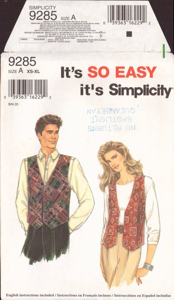 Simplicity 9285 Sewing Pattern, Women's, Men's or Teen's Vest, Size XS-MD, Cut, Complete