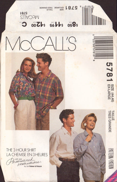 McCall's 5781 Sewing Pattern, Men's or Women's Shirt, Size 32.5-34 or Size 44-46, Uncut, Factory Folded