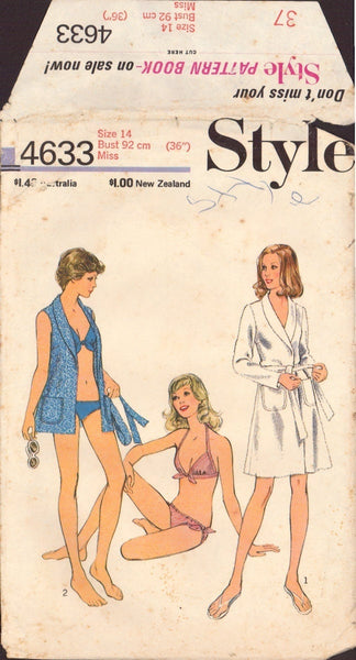 Style 4633 Sewing Pattern, 2-Length Beach Robe, Size 14 or Size 16, Uncut, Incomplete