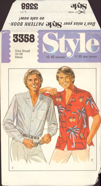 Style 3358 Sewing Pattern, Men's Shirts, Size Small (34-36), Cut, Complete OR Size Medium (38-40), Uncut, Factory Folded