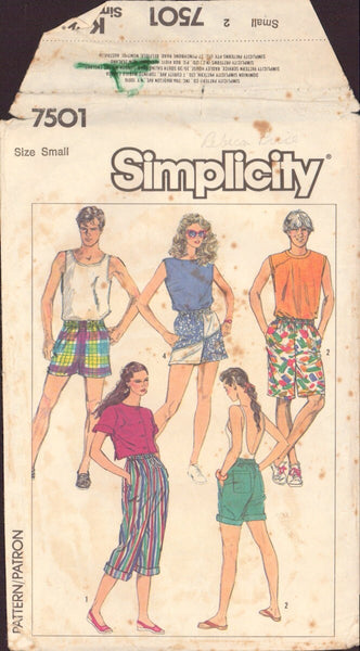 Simplicity 7501 Sewing Pattern Women's, Men's and Boys' Shorts, Size Small, Partially Cut, Complete