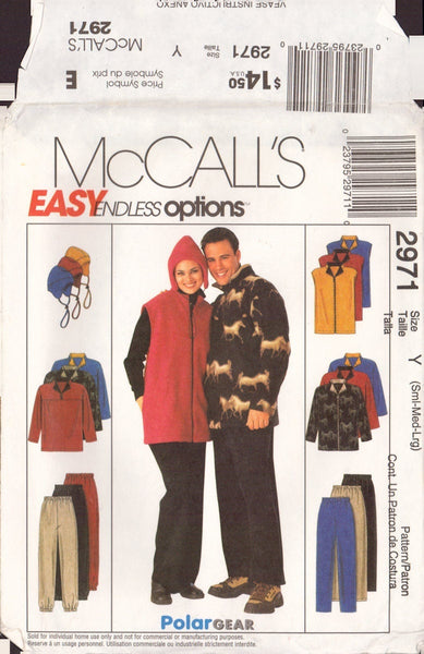 McCall's 2971 Sewing Pattern, Women's, Men's and Teen Boys' Jacket Or Vest, Top, Pants and Hat, Size Sm-Md-Lg, Uncut, Factory Folded