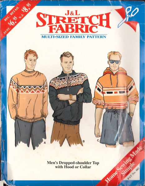 J&L 083 Sewing Pattern, Men's Top with Hood or Collar, Size XS-XXXL, Uncut, Factory Folded